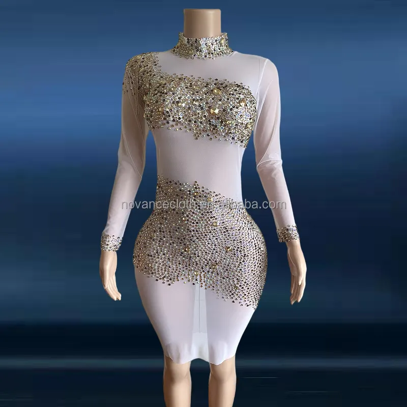ノバンスY2468新しいファッション服シニーダイヤモンドクリスタルシースルーブラックドレス女性用2021カジュアルパーティークラブセクシーコスチューム