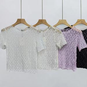 Camiseta de Manga Corta para Mujer, al por Mayor, Personalizada, OEM, ODM, de Alta Calidad, Casual, Sexy, con Encaje Calado, Cuello Redondo, Color Sólido, para Todas las Temporadas - Product Image 1