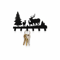 Crochets muraux en métal découpé au laser style forêt rustique, scène de cerf en fer noir, 6 crochets, capacité de charge 5 kg, décoration d'entrée de maison
