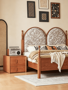 Premium Solid Wood <b>Bed</b> <b>Frame</b> French Vintage Double Round Upholstered Headboard Floral Pattern Comfortable Bedroom Furniture Stab - Product Image 2