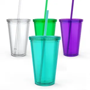 Food Grade BPA Free Double Wall Clear Transparent Decorative Hard Plastic RAS Cups 16 oz Acrylic Tumbler with Straw