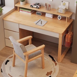 Solid Wood <b>Desk</b> With Bookshelf Natural Color <b>Study</b> <b>Desk</b> For Home Office Student Computer <b>Desk</b> - Product Image 3