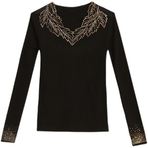 Nuova Maglietta Termica con Scollo a V e Strass, Maniche Lunghe, Top Versatile Aderente da <span class=keywords><strong>Donna</strong></span>, Foderata in Pile - Product Image 4
