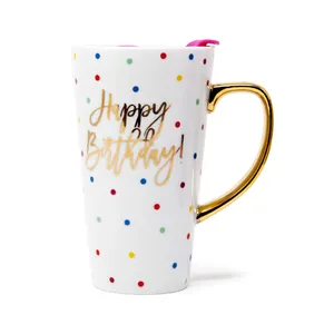 13盎司粉色金色生日快乐定制金色手柄陶瓷咖啡旅行杯带盖系列