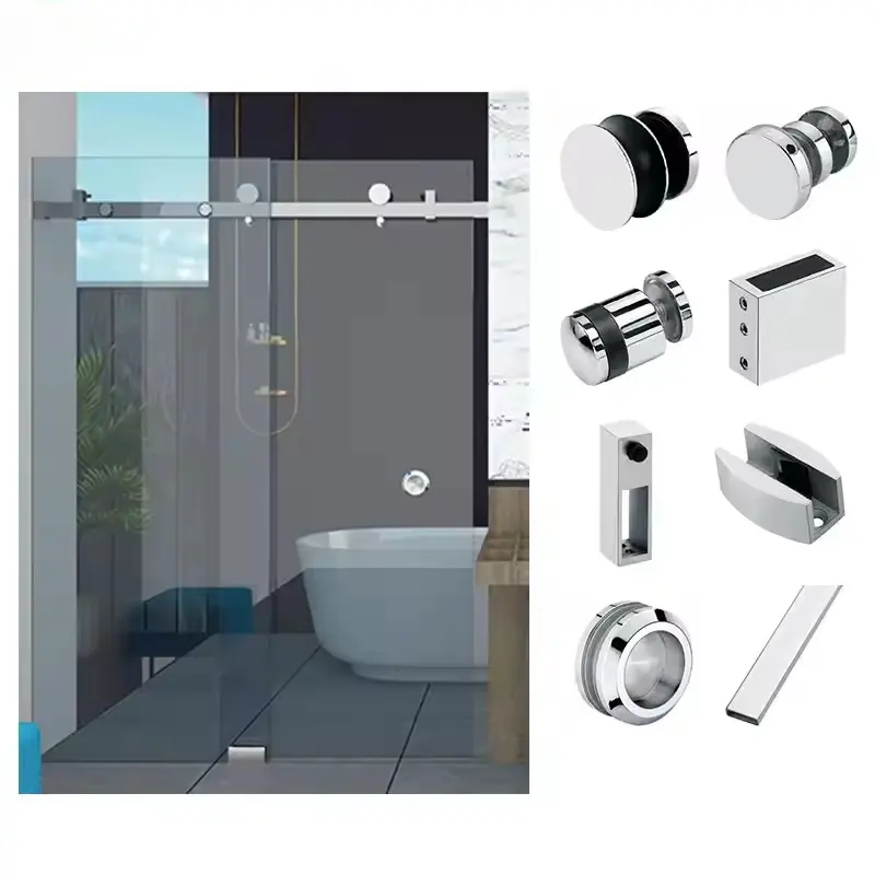 Düşük fiyat Set paslanmaz çelik duş cam sürgülü kapı silindir sistemi donanım parçaları banyo cam sürgülü kapı donanım