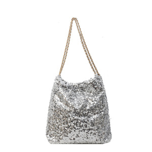 1L Capacity Girls Fashion <b>Silver</b> Shiny Bucket Style Sequin Tote <b>Bag</b> Handbag Luxury Shoulder <b>Bag</b> Two Durable Portable Waterproof - Product Image 6