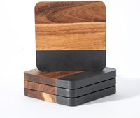Sous-verres en bois d'acacia et marbre noir pour boissons, lot de 4, sous-verres carrés en bois et pierre, accessoires pour table basse, sous-verres pour café