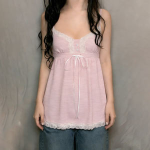 Top Camisero de Punto con Rayas Rosas Dulces y Encaje, Transpirable, de Secado Rápido, con Cuello en V, Lazo en la Cintura, Estilo Babydoll, Espalda Descubierta, Ajuste Delgado y Lindo para Mujer - Product Image 4