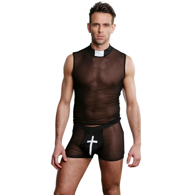 Sunspice caliente transparente negro boxeador breve ropa interior Cosplay monja disfraz lencería sexy para hombre