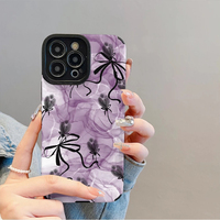 Étui de téléphone portable en cuir artificiel TPU avec impression vagues violettes et nœud papillon pour iPhone X Xr 11 12 13 14 15 16 17 18 Pro Max