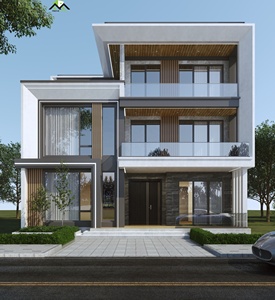 Villa Prefabricada Moderna de 2 Pisos con Estructura de Acero Ligero, Balcones de Vidrio y Detalles de Madera para Uso Residencial - Product Image 1