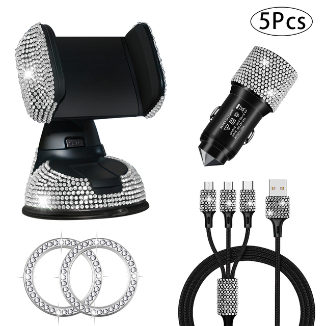 5pcs Sparkling Plastic Car Phone Holder Car Interior Accessories Fast Charger Charging Cable Car Engine Start Button Cover