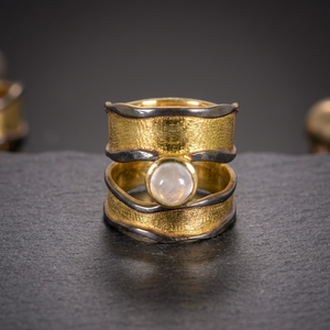 Contemporary 925 Sterling Silver Band <b>Ring</b> 18K Gold Plated with Rainbow Moonstone & Black <b>Rhodium</b> Inlay for Wedding Party Unisex - Product Image 3