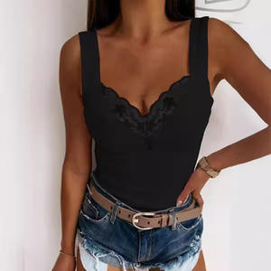 Mujeres verano moda cuello en V tanque Casual Color sólido encaje sin mangas Sexy camisas Slim Tops - Product Image 5