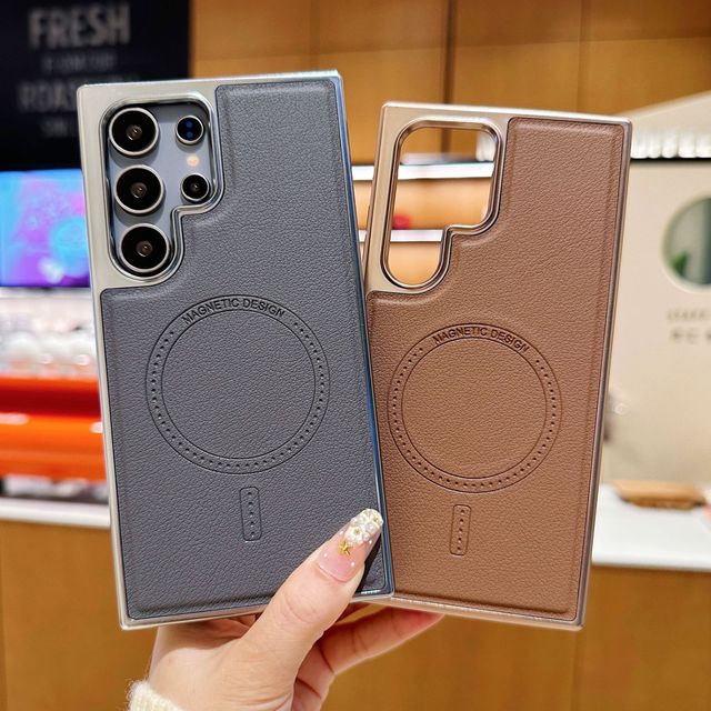 Full Leather PU Vegan Magnetic Business Grain Cases for Samsung S25 S24 Plus S23 S22 Ultra Shell Electroplate Luxury Phone Case