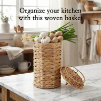 Panier de rangement cylindrique en rotin naturel tressé style rustique avec couvercle, fait main, pour bureau et cuisine