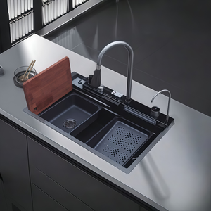 Évier de cuisine artisanal en acier inoxydable 304 noir King Kong avec motif nid d'abeille et robinet intelligent intégré - Product Image 1