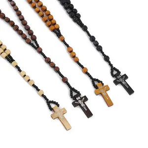 Komi 2023 New Natural Wood Bead Necklaces Hand-woven Cross Pendants Collars Rosary Jewelry Cross-border Wholesale