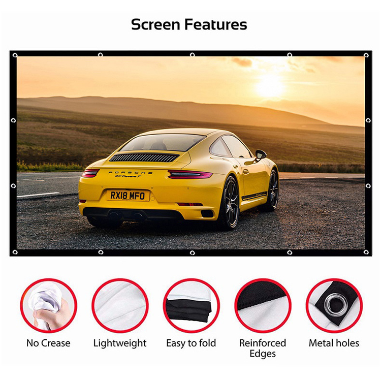 Indasina source factory easy folding portable polyester fabric soft screen 100 120 150 inch outdoor hd movie projector screens