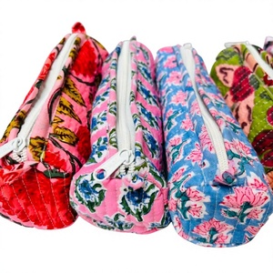 Indian Floral Quilted Cosmetic Pouch Small Cotton Pen Pencil Pouch, Mini <b>Makeup</b> Brush Bag, lipstick <b>storage</b> bag Pencil Case - Product Image 1