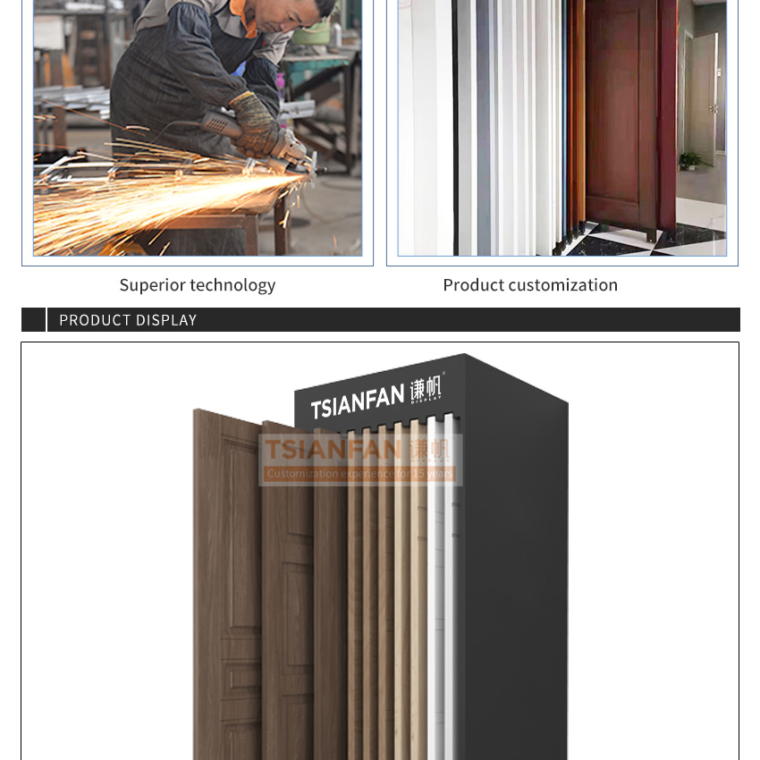 Hot selling horizontal sliding display frame frameless solid wood composite door sample for showroom wooden door display stands