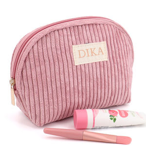 Logotipo personalizable ancho de pana a rayas terciopelo maquillaje cosmético media luna utilidad cremallera bolsa para dama - Product Image 1