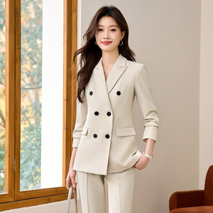Women's Spring Suit Set Full Sleeve Notched Collar Anti-Wrinkle Formal Work Wear Apricot Color Professional Attire - Product Image 1