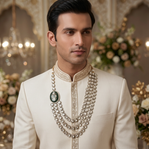Collar Mala Sherwani de Lujo con Circonitas y Perlas de Varias Capas para Hombre, Joyería Tradicional India para Bodas, Chapado en Oro Antiguo - Product Image 1