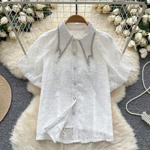 कस्टम महिलाओं के ब्लाउज और शर्ट लैपल डायमंड स्टड हुक फूलों की कढ़ाई शिफॉन बुलबुला आस्तीन शर्ट - Product Image 3