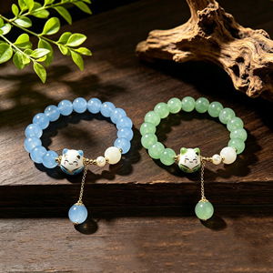 Bracelet en perles de cristal de quartz <span class=keywords><strong>rose</strong></span> pour femmes, pendentif chat porte-bonheur <span class=keywords><strong>Maneki</strong></span> <span class=keywords><strong>Neko</strong></span>, 10 mm, extensible - Product Image 2