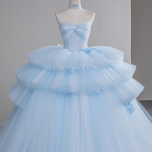 Robe de bal sans bretelles en tulle bleu ciel, style féerique, à volants et à étages, pour Sweet 16 Sfy13 - Product Image 5