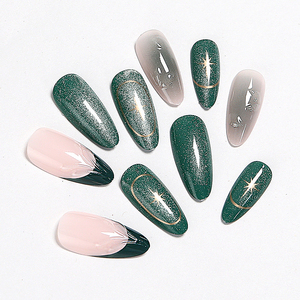 Faux ongles à presser en ABS, forme amande, vert pailleté, motif étoile dorée, style français, application facile, 24 pièces - Product Image 3