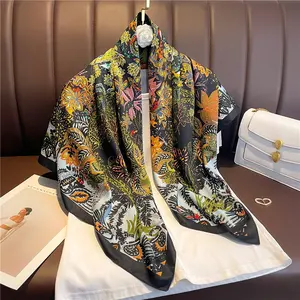 Hangzhou Silk Twill Scarf Printed Luxury Flower Top Sale Designer Head Scarfs Stylish Silk for Women 90cm Adult Opp Bag Square