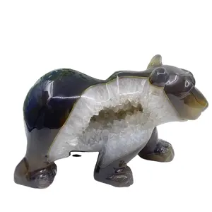 批发手工雕刻高品质德鲁兹玛瑙熊Geode玛瑙熊愈合石动物水晶工艺品礼品
