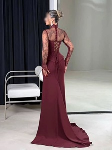 <span class=keywords><strong>Robe</strong></span> de soirée longue marron à manches longues, prête à être expédiée, en dentelle, dos nu, avec traîne, fente latérale, style Dubaï, pour bal de promo et occasions formelles, vente en gros - Product Image 6
