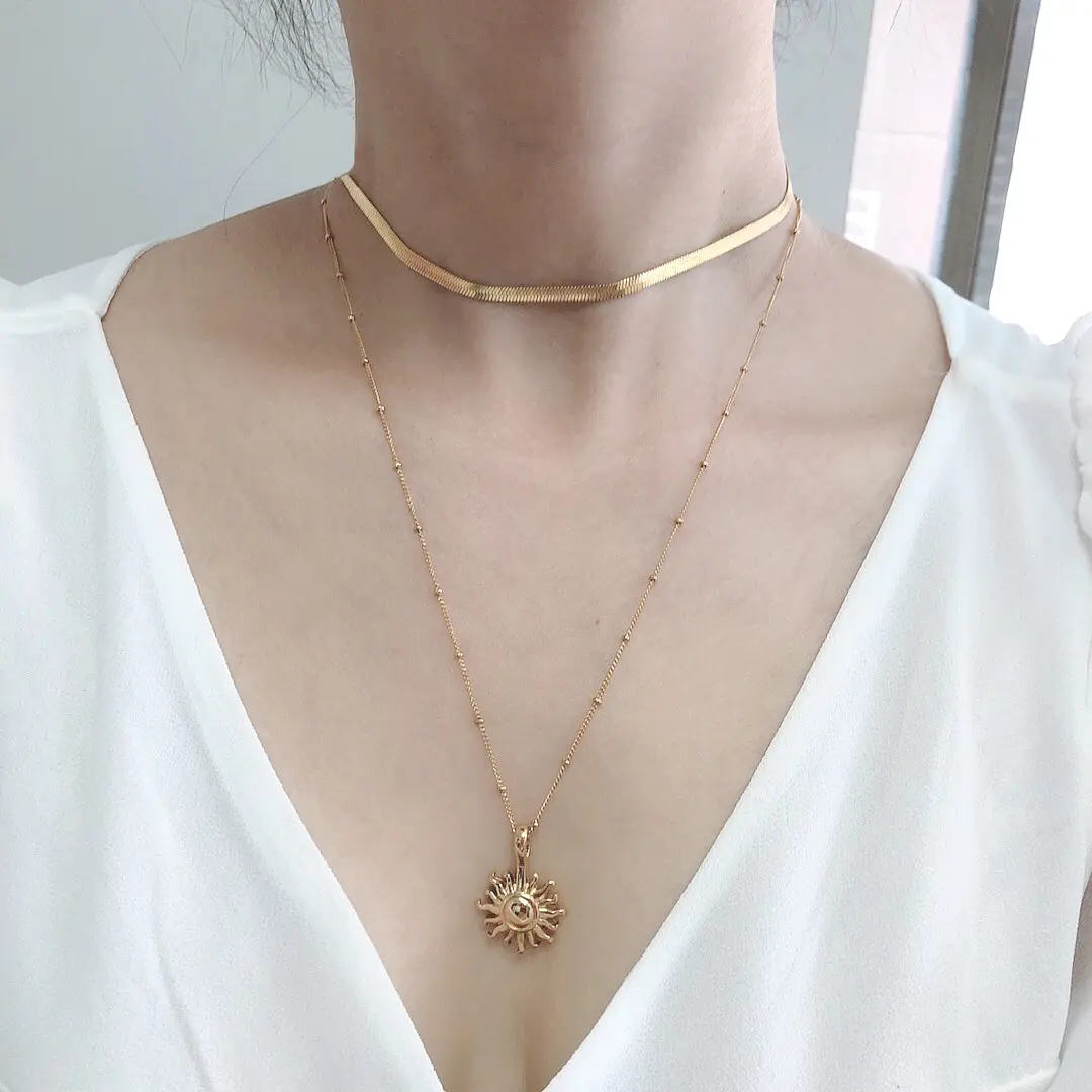 Vintage 18K Gold Plated Sun Flower Bead Chain Necklace Stainless Steel Fashion Choker Hypoallergenic Wholesale Jewelry Women