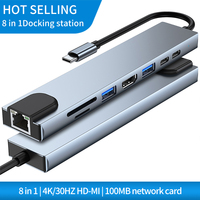 CY037 Hub USB 3.0 Type-C 8-en-1 avec ports RJ45, lecteur de cartes SD/TF et sortie vidéo pour ordinateurs portables et appareils Type-C