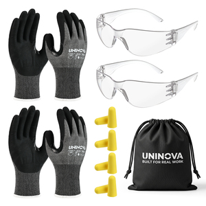 Kit de sécurité pour le jardinage et les travaux extérieurs résistant aux coupures ANSI avec lunettes de sécurité compatibles écran tactile et bouchons d'oreilles 32 dB - Product Image 1