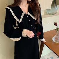 Robe longue rétro française pour femmes, style printemps, dentelle noire, grande taille, manches longues, pour un usage décontracté