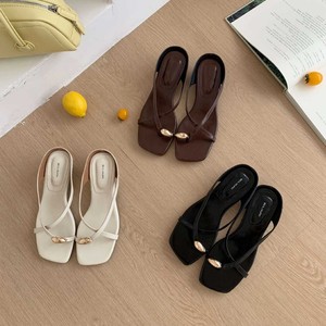 LUXURY Heeled Sandals Women Square <b>Toe</b> Low <b>Heel</b> Slip-On Metal Buckle Elegant Solid Color Summer Patent Leather - Product Image 1