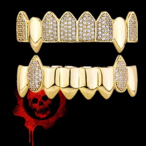 Grillz pour hommes style vampire européen-américain, bicolore, en zircon, pour fête et hip-hop, ornements dentaires à pointes, design géométrique - Product Image 4