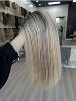 Perruque juive de luxe pour femme, en cheveux humains bruts de qualité supérieure, texture européenne douce, balayage blond avec racines foncées, nœuds simples, dessus en dentelle