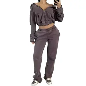 2023 Hot Sale Women Jogger Set High Quality Custom Logo Acid Wash Sweatpants Full Zip Jacket Tracksuit Sets