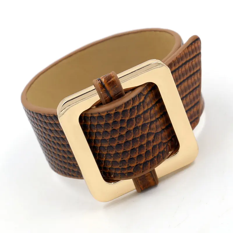Fashion Adjustable Imitation Leather Snake Print PU Bracelets Women's Gold Square Buckle Wide Bangle 4 colors