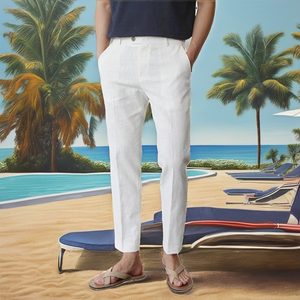 OEM 2025 Men's <strong>White</strong> Solid Cotton <strong>Linen</strong> <strong>Cropped</strong> Casual Pants Breathable Breathable Suit <strong>Trousers</strong> Flat Zipper Fly <strong>Linen</strong> <strong>White</strong> - Product Image 3