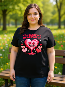 T-shirt da donna taglie forti nera girocollo a maniche corte con stampa 'You Make My Heart Melt' e design a cuore, casual, primavera estate - Product Image 2