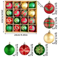 Set Hiasan Bola Natal Mewah 16Pcs Merah Emas Motif Cetak, Ornamen Pohon Natal Plastik, Hadiah Liburan, Dekorasi Pesta