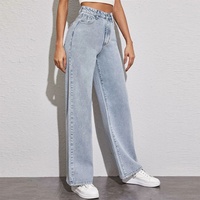 Jean en denim bleu délavé taille haute coupe droite ample et décontractée pour femme, style vintage, respirant et imperméable, idéal pour l'été – Vente en gros