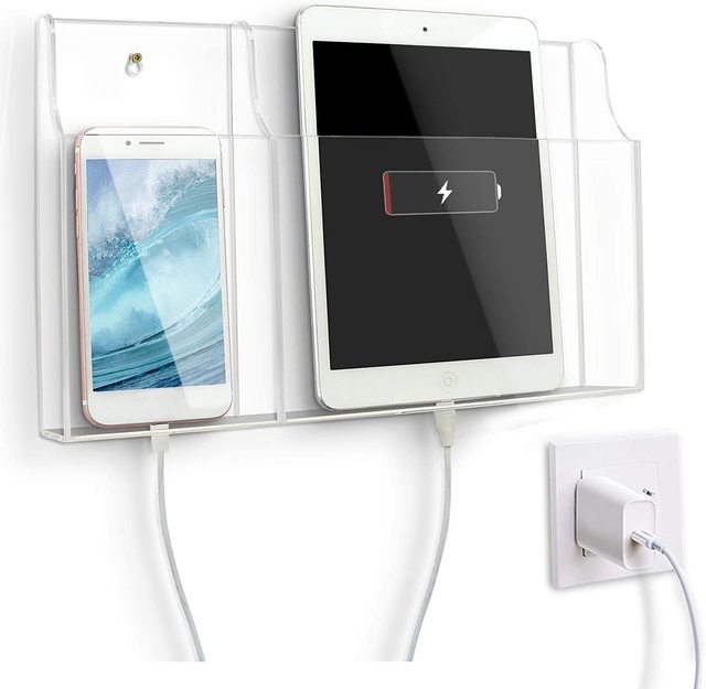 Clear Wall Mounted Phone Holder Stand Remote Control Holder Media Organizer with Holes for Charging Phone Tablet Holder