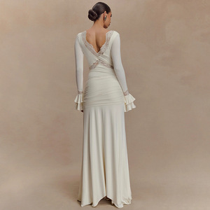 Robe de soirée élégante à col en V, style cache-cœur, avec superposition transparente, taille empire, manches longues, dos plissé, pour les loisirs - Product Image 4